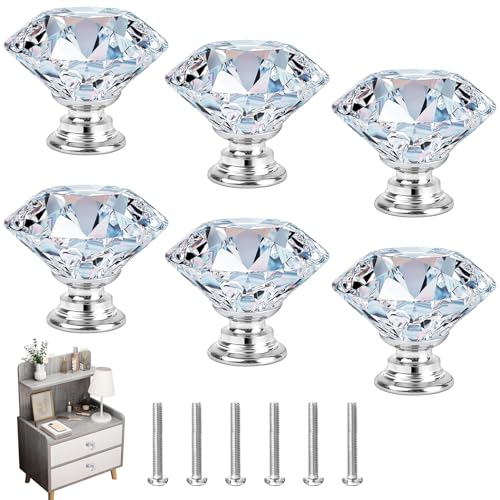 Gurfzcyuoo Pomos de cristal de 20 mm, tiradores de puerta de cajón de diamante con longitudes de tornillos para armarios, cajones, decoración del hogar (plateado) (6)