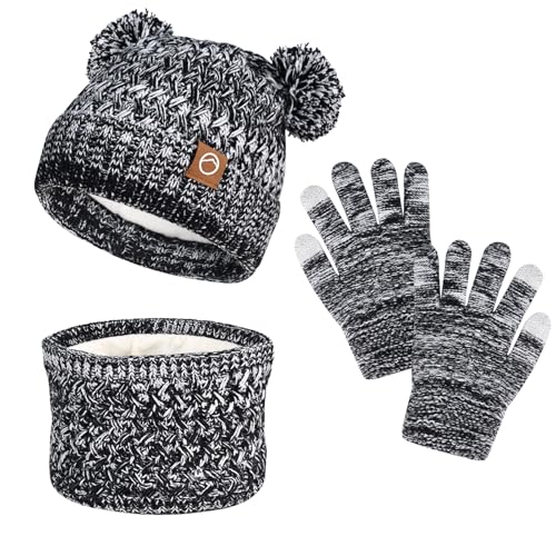 Image of Kids Winter Hat Gloves Scarf Set,Toddler Girls Winter Hat Kids Beanie with Pom Neck Warmer Gaiter Mittens Fleece Lined Set