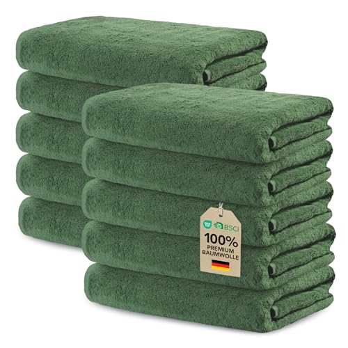 Ôhm 10er Set Handtücher 30x50 cm 100% Baumwolle Frottee 500 g/m Tannengrün extra dick und saugstark Oeko-Tex Zertifiziert