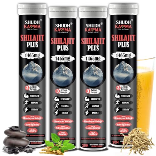 Image of Shudh Kaama Original Himalayan Shilajit /Shilajeet (750mg) Effervescent with Ashwagandha, Gokshura & Safed Musli for Strength & Muscle Gain - (Pack of 4) 80 Tablets