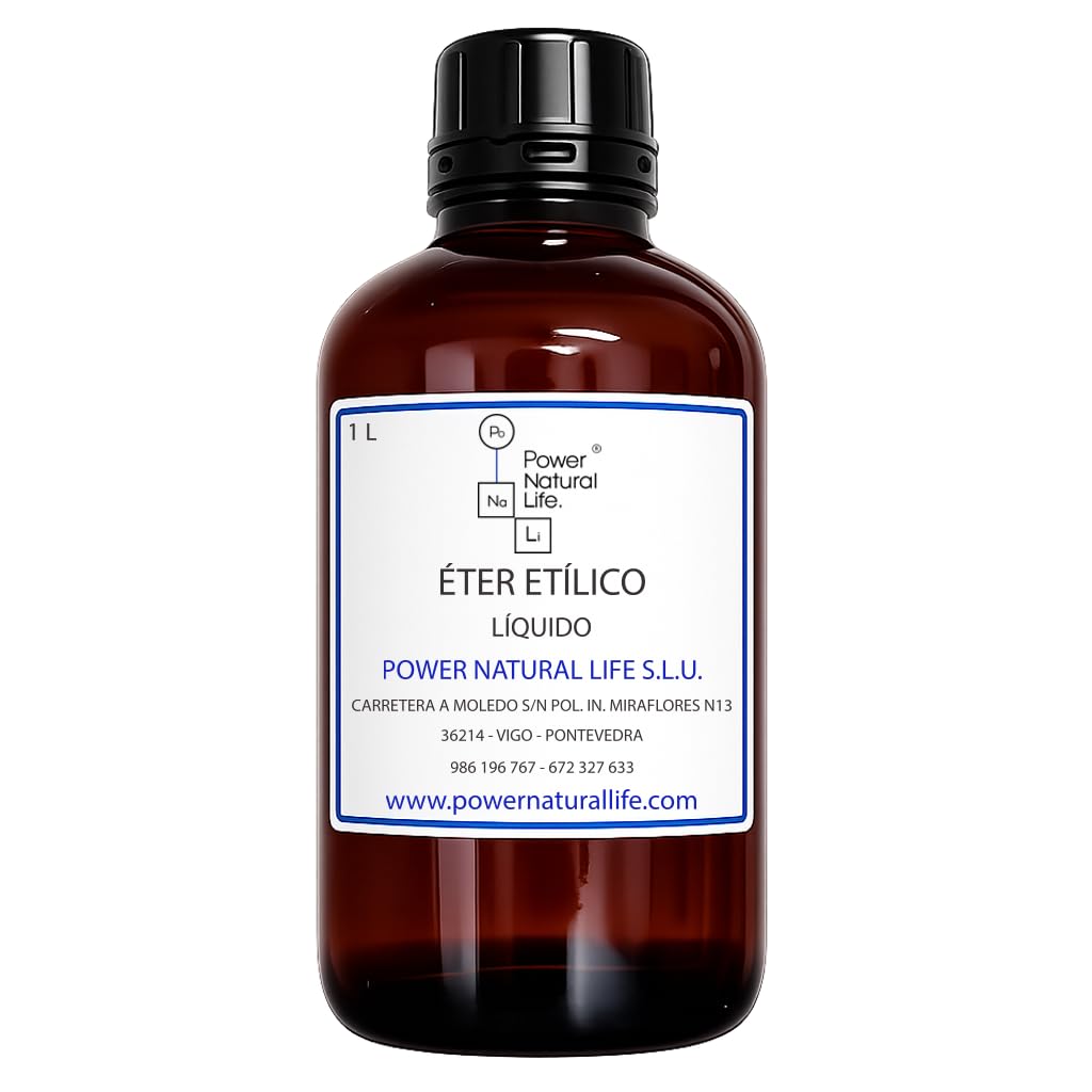 Éter Etílico | Power Natural Life | Botella de Cristal 1 l | Uso Técnico e Industrial | Disolvente, Laboratorio y Limpieza Especializada