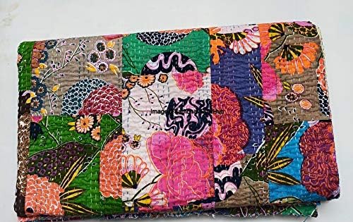 Queen/Twin/King Mullti Patchwork Floral Fruit Patch Print Throw Reversible Blanket Indian Kantha Quilts Ethnic Stitched Bedcover Bohemian Floral Print Kantha Comforter Quilting Kantha (60X90 inches)