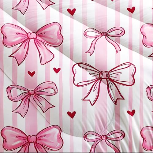 Image of AILONEN Pink Bow Comforter Twin 3 Piece Set Coquette Aesthetic Bedding Cute Ribbon Stripe Quilted Blanket Girls Dorm Decor Kawaii Soft Microfiber Duvet Alternative 2 Pillowcases