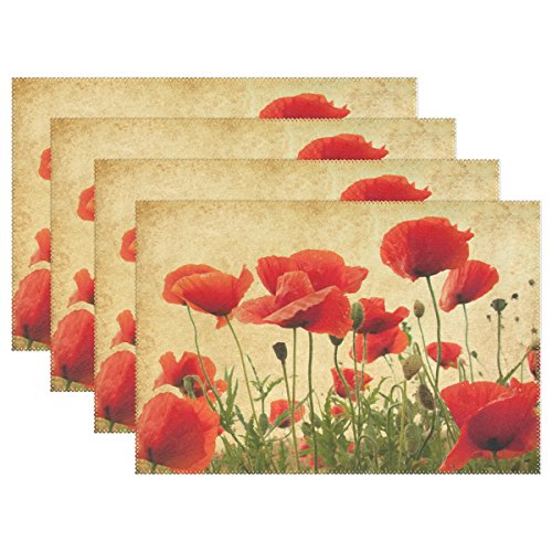 Use7 Lot de 4 sets de table vintage coquelicot style shabby chic floral 30,5 x 45,7 cm en polyester pour cuisine, salle à manger