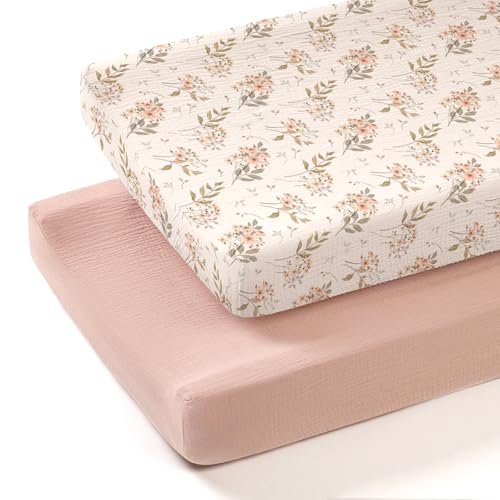 Image of lulumoon Muslin Changing Pad Cover: 2-Pack Soft Breathable Cotton Boho Floral Print for Baby Girls - Nursery & Baby Shower