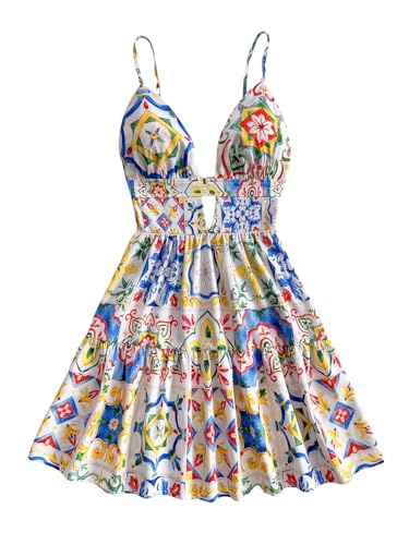 Floerns Women's Boho Floral Print Mini Dresses Cut Out V Neck Tiered Summer Cami Dresses