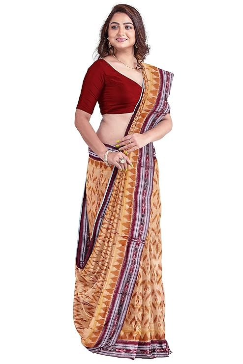 Image of Ikat Women's Cotton Saree, Handmade Pure Cotton Khandua Saree, Ikkat Orissa Traditional Handloom Saree Without Blouse