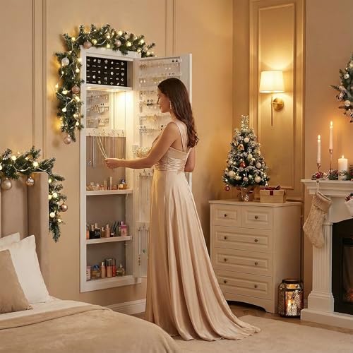 Image of Mirror Jewelry Cabinet, 47.24 inch Tall Lockable Wall Mounted Jewelry Armoire Organizer with Mirror and Magnetic Light, Christmas Gift, Jewelry Storage with Adjustable Shelves