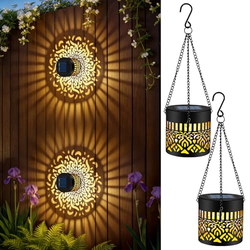Forlivese 2 Pack Decorative Solar Mandala Lights, Solar Fence Lights Outdoor, Hanging LED Solar Deck Step Wall Lights Waterproof for Yard, Garden, Patio, Backyard, Post Decor, Warm White