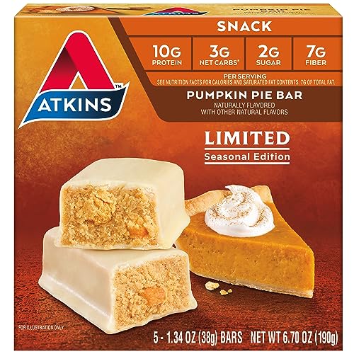 Image of Atkins Pumpkin Pie Snack Bar, 10g Protein, 3g Net Carbs, 5 Count | High Fiber, Great On-the-Go Snack, 2g Sugar, Individually Wrapped, Delicious Pumpkin Flavor