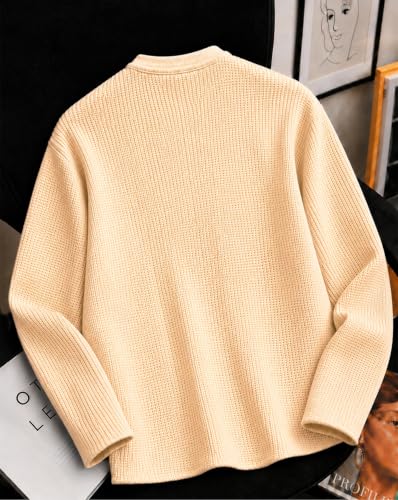 AUSK Men's Waffle Texture Henley T-Shirt Beige - Image 4