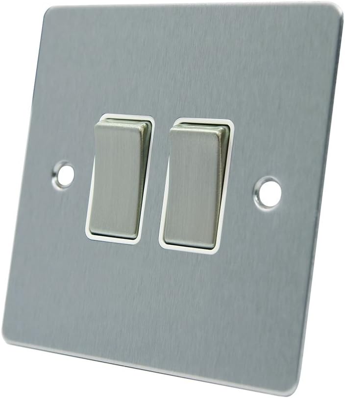AET FSC2GSWIWS 10 A 2-Gang 2-Way Satin Chrome Flat Double Light Switch with White Insert Metal Switches