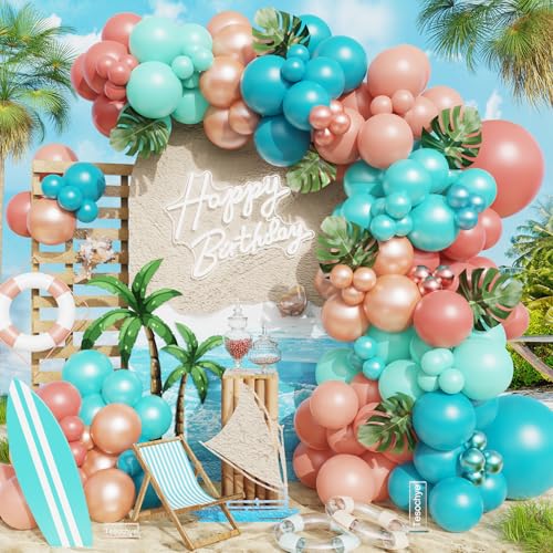 Image of Hawaiian Tropical Balloon Garland Arch Kit,Coral Beach Birthday Decorations | Pearl Aqua Blue Teal Blue Coral Blush Pink Pearl Champagne Gold Balloons for Summer Pool Luau Magic Theme Party Decor