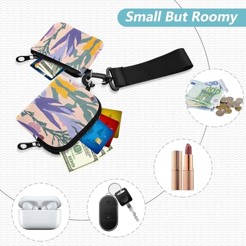 Art Leaves Print Colorful Women's Wallets Card Cases Small Portable Money Organizers with Zipper Coin Pocket for Work Travel 2 Pcs2
