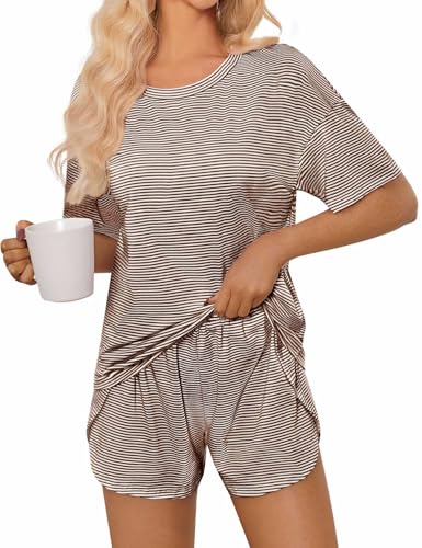 Image of JUSTFASHIONNOW Womens Pajama Sets Shorts Striped Print Two Piece Lounge Sets Crew Neck Sleepwear Split Shorts Set Soft Pjs