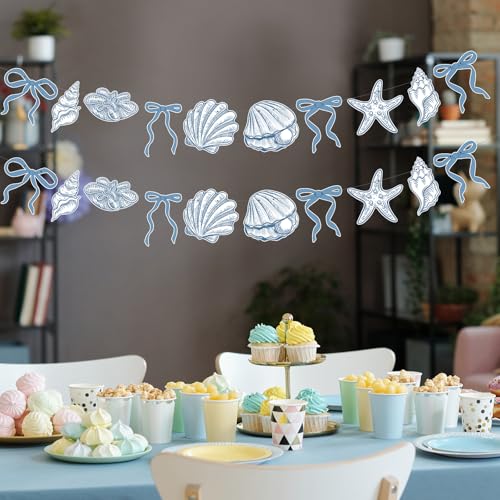 Image of Oudain 2 Pack Blue Bow Starfish and Seashell Garland 6.56 ft Ocean Coastal Nautical Beach Party Paper Bow Hanging Banner for Under the Sea Summer Birthday Wedding Bachelorette Mermaid Baby Shower