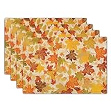 Fall Linen Placemats Set of 4 12x18 Inch Autumn Leaf Orange Place Mat Heat-Resistant Washable Wipeable Table Mat for Party Kitchen Dining Home Decor