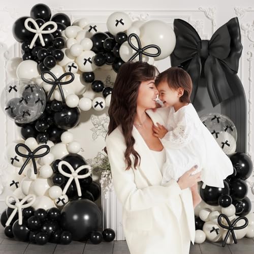 Image of Black and White Sand Balloons Arch Garland Kit,JOGAMS 199Pcs Black Bow Party Decorations with 260 Clear Black Ribbon for Bow Coquette Birthday Decorations Bachelor Baby Shower Bridal Shower