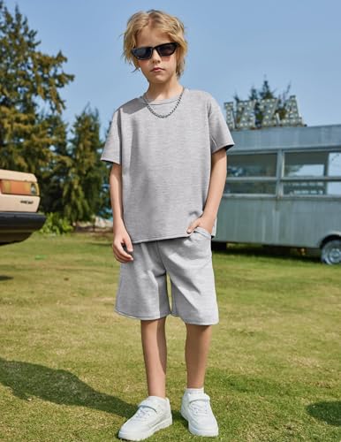Image of Arshiner Boys Drop Shoulder T-Shirt and Drawstring Waist Shorts Grey 16