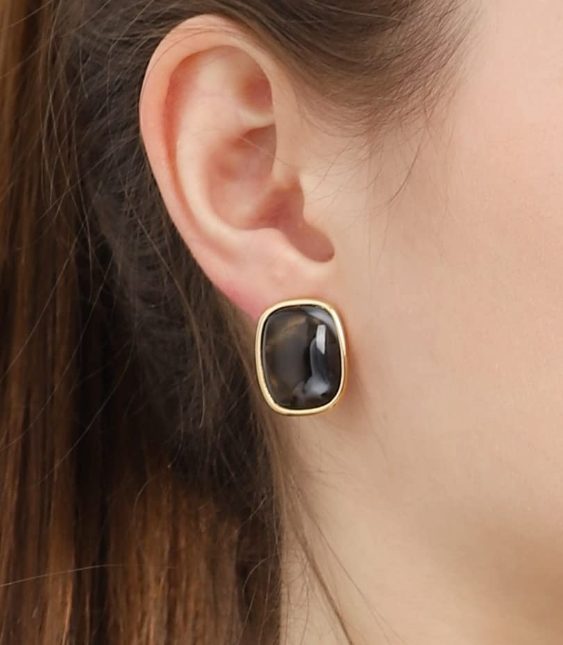 M.DUN- Round Edges Rectangle Shape Studs Earring. Abalone Amber Turquoise Resin Stone Design, 18k Real Gold Plated Bezel, Hypoallergenic Gorgeous Gift for Women3