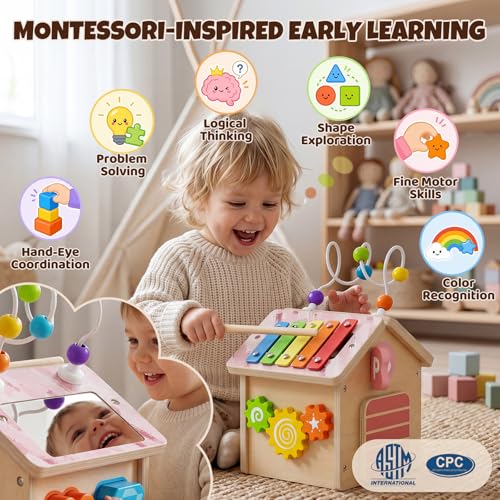 AmazingJoy Wooden Activity Cube for Toddlers 1-3 with Press to Go Car Toy, Montessori Baby Educational Learning Toys for Kids, Multipurpose Infant Activity Center, for Girls Boys 1+ Year Old - Image 3