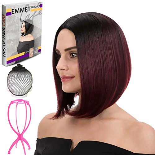 Emmet Short Bob Wig 12" Shoulder Length Soft Silk Synthetic Kanekalon Dark Roots Ombre Color Women’s Wigs with Free Wig Cap & Free Wig Stand Holder & Free Ebook (Black & Burgundy)
