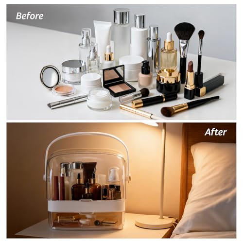 Image of Amazon Basics Glossy ABS+PET Cosmetic Storage Organizer | 27 x 20.5 x 32 cm | 2 Compartments | Waterproof & Dustproof Lid | White