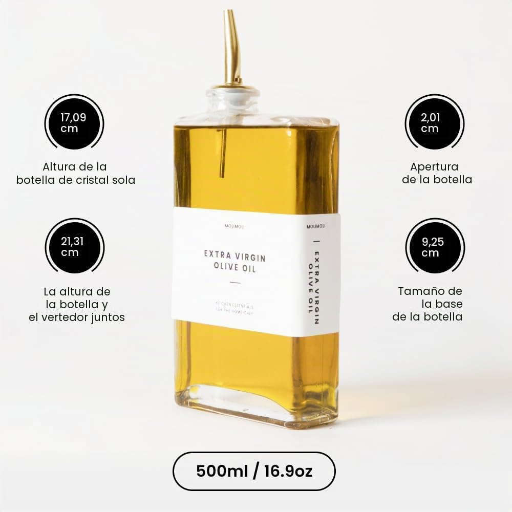 Molimoli Aceitera dispensador de Aceite y Vinagre para Cocina, Vertedor Automático, Botellas de Cristal Finas para Cocina | Set de 2 - Oro