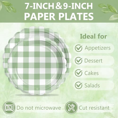 Image of Sage Green Gingham Paper Plates and Napkins Disposable Set for Baby Shower
