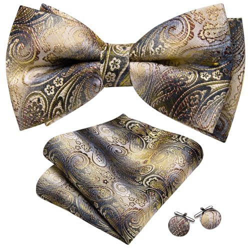Image of Barry.Wang Paisley Striped Bow Tie for Men Silk Pre-Tied Bowtie Pocket Square Cufflinks Set Formal Wedding Party Prom