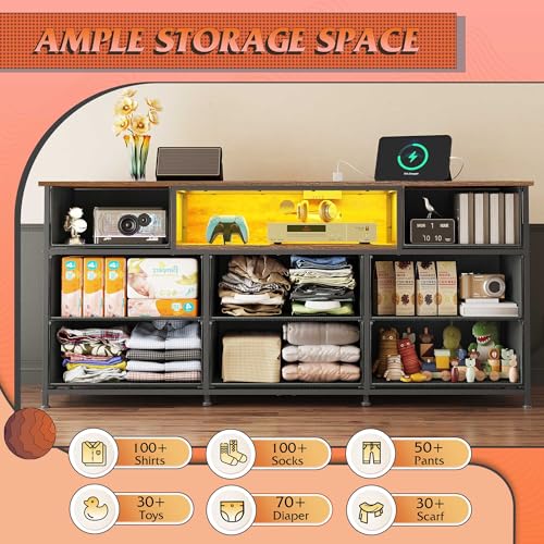 Image of WLIVE LED Dresser TV Stand for 65 Inch TV, 8 Drawers, Rustic Brown