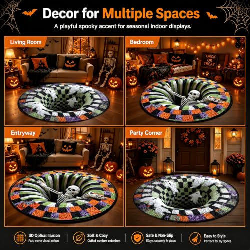 Image of 3D Halloween Rug, Ghost Skeleton vortex quilted 3D Optical Illusion Rugs | Candy Corn Abyss Quilted Round Mat with Spooky Depth Design Crystal Velvet Soft & Durable Fabric Non-slip(24INCH skull)