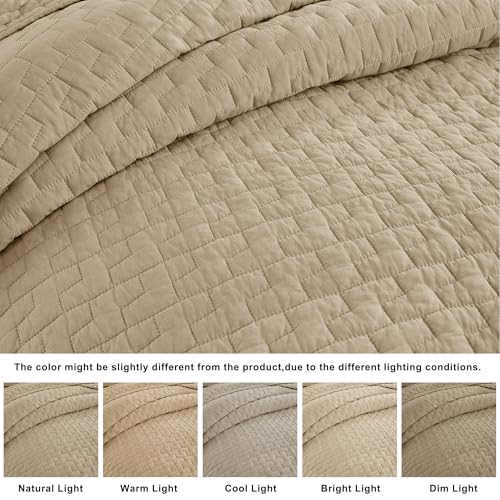 Image of palassio Dark Beige 100% Cotton Quilt King Size Bedding Sets with 2 Pillow Shams, Textured Lightweight Soft Bedspread Shabby Chic Coverlet, Quilted Comforter Bed Cover for All Season, 3 Pieces