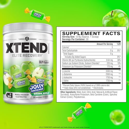Image of Xtend Original BCAA Powder, 7g BCAAs and 2.5g L-Glutamine for Muscle Recovery, Hydration, and Lean Muscle, Sugar Free Intra and Post Workout Drink with, Green Apple Jolly Rancher, 30 Servings
