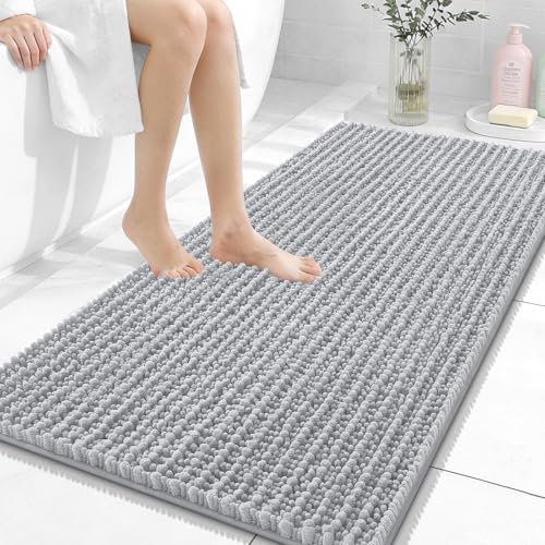 Image of OLANLY Long Bathroom Rugs Runner 47x24, Thick Soft and Absorbent Chenille Bath Mat, Non-Slip, Machine Washable Quick Dry Bath Rugs for Tub Shower Floor, Home Decor Accessories, Light Grey