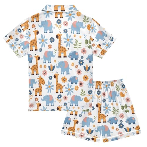 ALAZA Giraffe Elephant Bird Flower Pajamas Satin Pajama Set Short Sleeve Button Down Sleepwear2
