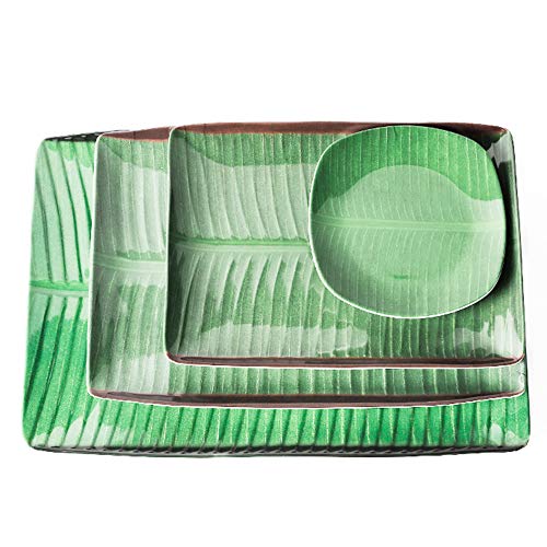 4-Piece Set Square Dinner Plates, Banana Leaf Southeast Asian Style 5.6/10/12.2/14 Inches Melamine Dinnerware Plates Reusable Unbreakable Dinner Ware, Dishwasher Safe