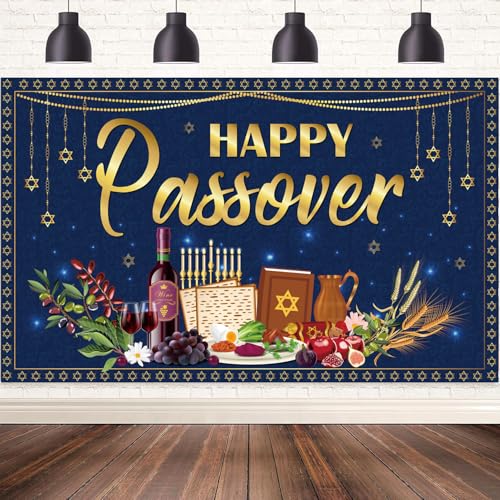 Happy Passover Backdrop Banner - Jewish Pesach Decorations for Photography & Celebrations, Happy Passover Hanging Wall Decor for Synagogue Home Party Indoor Outdoor Decor