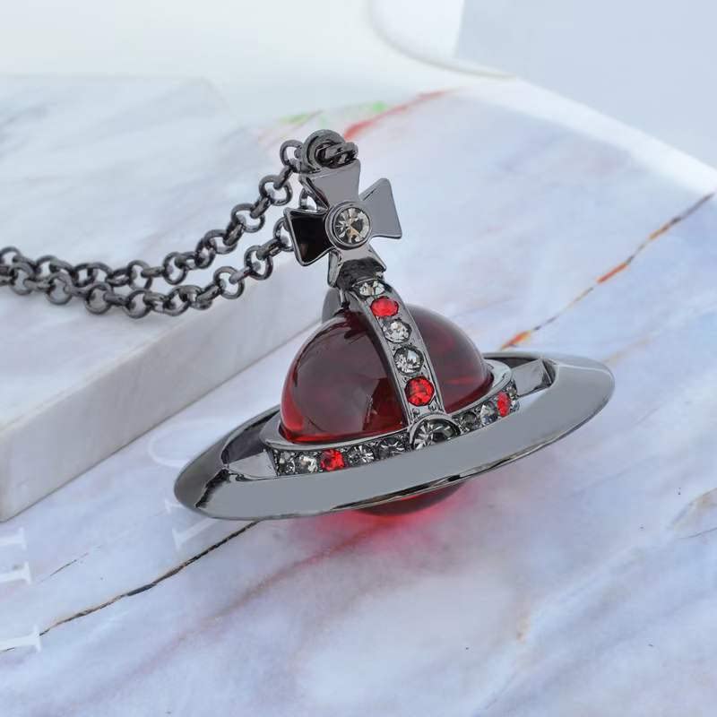 ZHAOZHAO Punk Crystal Quartz Black and Red Saturn Necklace for Women | Unique Punk Saturn Planet Pendant Jewelry Necklace2