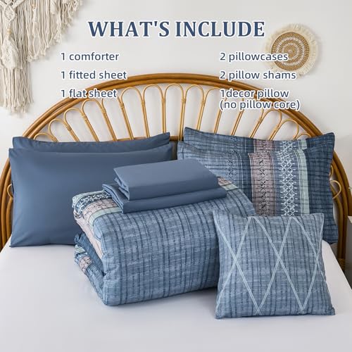 Image of Dintszyayue Blue Comforter Set King Size, 8 Pieces Boho Striped Bed in a Bag Soft Microfiber Bedding Set for All Season