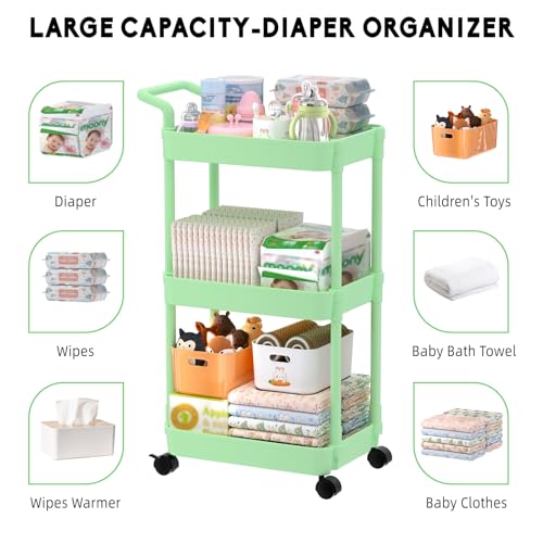 Image of Volnamal 3-Tier Diaper Caddy Organizer, Plastic Diaper Cart, Green | Diaper Organizer for Nursery Essentials, Baby Organizers and Storage, Movable Cart for Changing Table & Crib, Baby Registry