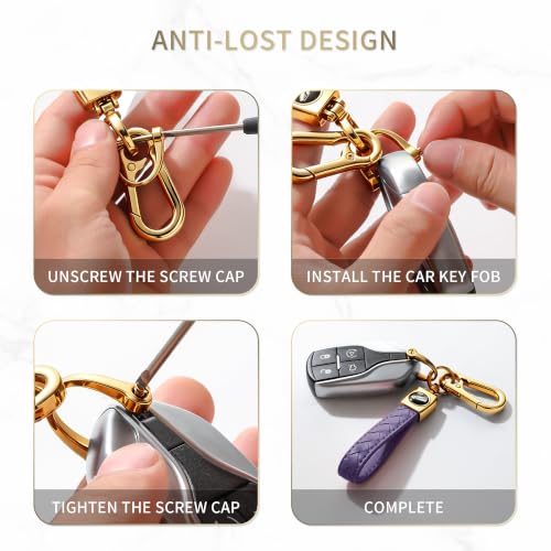 Image of Gkeygo Carabiner Keychain, Universal Heavy Duty Woven Handmade Leather Key Chain, Car Fob Key Keychains with 360 Degree Rotatable Snap Swivel and Anti-Lost D-Ring for Men and Women,Light Gold - Purple