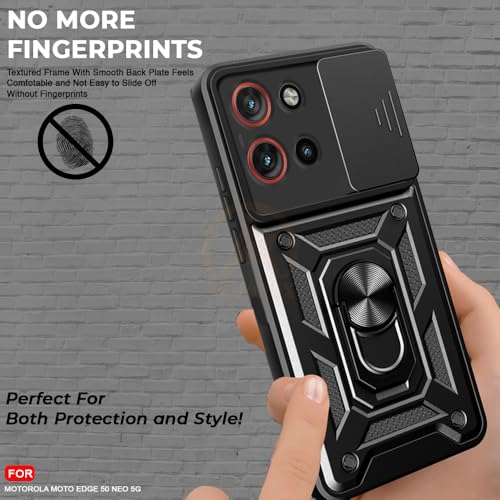 Image of Armor Bumper Back Cover Case for Motorola Moto Edge 50 Neo 5G | Rotating Camera Cover, Ring Holder & Kickstand | Heavy Duty & 360 Degree Protection Back Cover (Black)