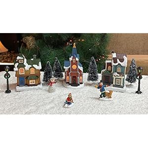Moments In Time Christmas Village 12 pc Set, with LED Lights, Battery Operated (not Included) (5″ H to 6.5″ H Buildings)