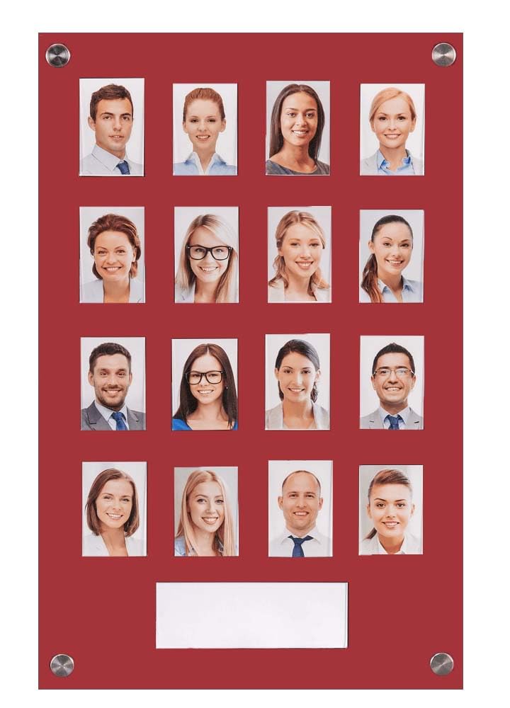 Get Acrylic Photo Frames - Red 16 Pocket Image Staff, Student, Employee Display Board With Pocket Header. 506mm Height x 328mm Width (50.6cm x 32.8cm)