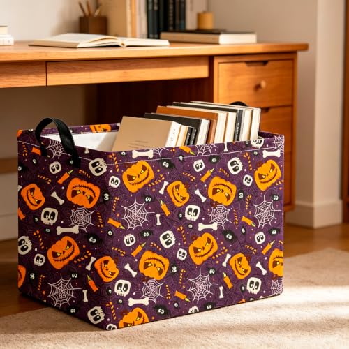 Image of CLOCOR Rectangular Storage Basket,Collapsible Cute Pattern Storage Bin,Waterproof Books Box with Handles,Gift Basket(Big Pumpkin Halloween)