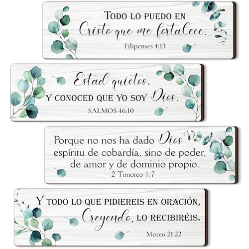 Yousoontic 4 peças de versículos bíblicos espanhóis para decoração de parede, placa de madeira cristã espanhola, letreiro pendente religioso, versículos bíblicos, arte de parede para casa,