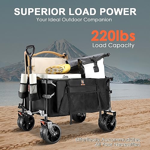 Collapsible Folding Wagon, Beach Wagon Cart Heavy Duty Foldable with Big Wheels, Utility Grocery Wagon with Side Pocket and Brakes for Camping Garden Sports, T1 - Image 4
