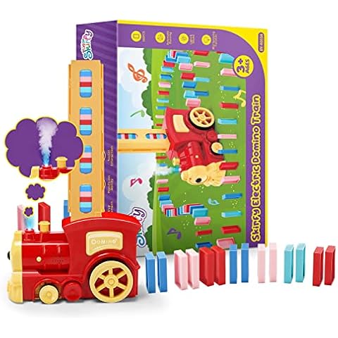 Skirfy Birthday Gift Kids Toys Dominoes Train Set- 160PCS Domino Blocks Set Automatically Run with Real Steam Function, with Lights and Sound,Creative Toys for Kids Aged 4-8 with Storage Bag Cover