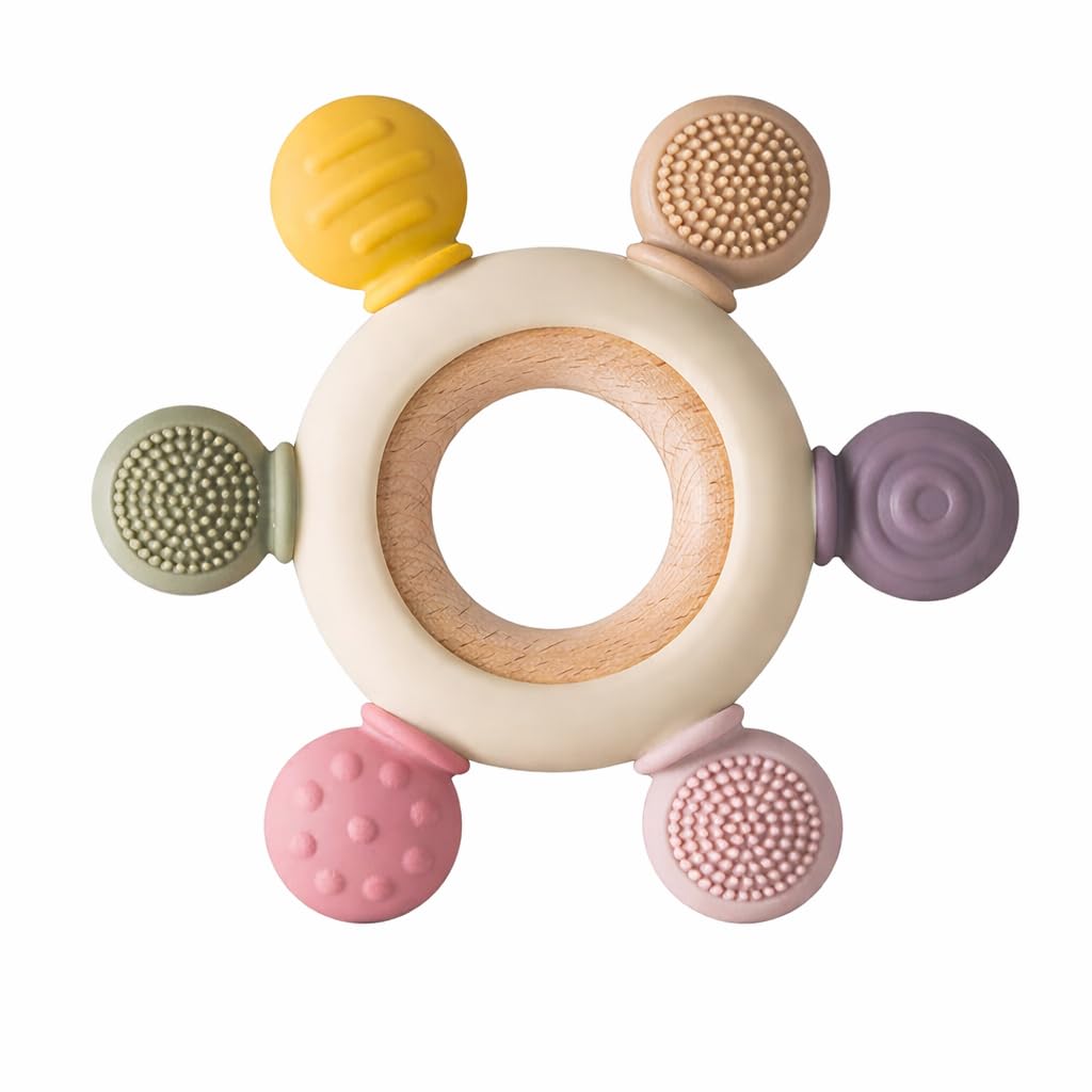 ToyTastic Baby Teething Toy Ring with Multi-Texture Silicone & Wooden Grip | BPA Free Teether for Infants | Sensory Chew Toy for Gum Relief & Motor Skill Development-image-2